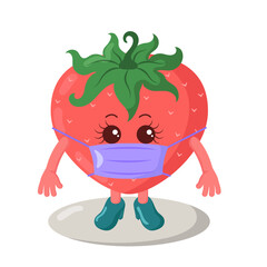 Cute kawaii strawberry girl with high heels and medical protective mask. Colored isolated natural vector illustration in flat design with shadows	