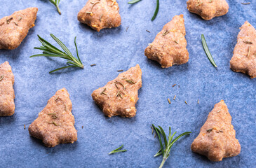 Homemade Christmas tree shaped cookies baked from whole grain spelt wheat and cheese, flavoured with rosemary on blue stone surface