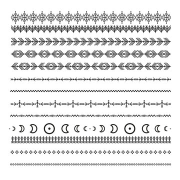 Black ethnic line ornaments. Tribal geometric design, aztec style, native americans texile. Vector elements for brushes, textures, patterns.