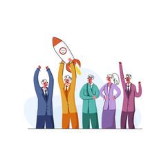 Vector illustration with concept of promotion, startup, business opening, progress. Office workers are depicted, one of them holding rocket taking off.