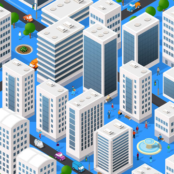 Isometric 3D illustration of the city quarter with houses