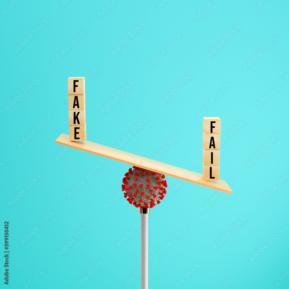 Fototapete wooden scale balancing cubes with message fake and fail on a corona virus on colorful background