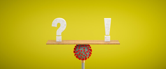 exclamation mark and question mark balancing on a corona virus in front of colorful background