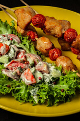 Chicken shashlyk with tomatoes on a wooden skewer with salad. Tasty homemade baked meat served with summer vegetables in yellow plate