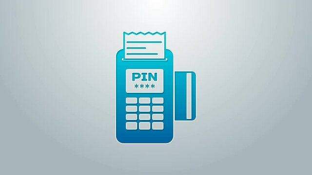 Blue line POS terminal with inserted credit card and printed reciept icon isolated on grey background. NFC payment concept. 4K Video motion graphic animation