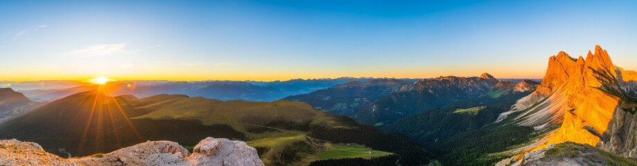Fototapeta premium Beautiful sunset view of Seceda peak in Dolomite Alps, South Tyrol, Italy, Europe