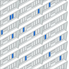 A three-dimensional vector graphic with  technical drawings in lines and contours. Architectural sketching.
