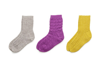 Clean isolated wool socks on white background top view