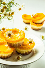 Tasty mini lemon and apricot cheesecakes on a white plate. Chamomiles background. Vertical orientation.