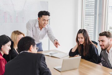 Fototapeta premium Business people brainstorming ideas for solving problems in company meeting rooms, the company staff meeting.