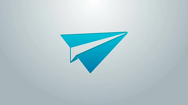 Blue line Paper plane icon isolated on grey background. Paper airplane icon. Aircraft sign. 4K Video motion graphic animation