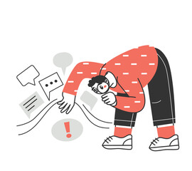 Man holds up a magnifying glass and looks through it. The concept of frequently asked questions, inquiry, investigation, searching for information on the web. Flat vector illustration.