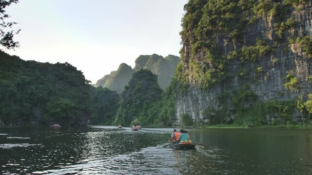 Boats on a river in Ninh Binh, Vietnam