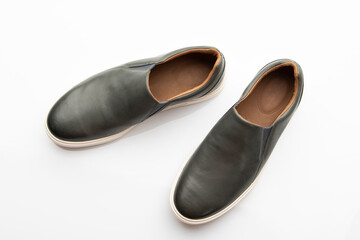 Top View of Pair of Dark Blue Slip on Shoes Isolated on White  Background