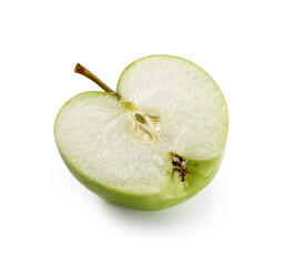 half  of whole fresh juicy green apple with twig close-up isolated on white background
