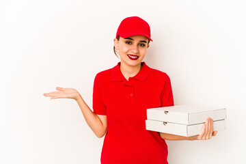 Young skinny arab pizza delivery girl shouting and holding palm near opened mouth.