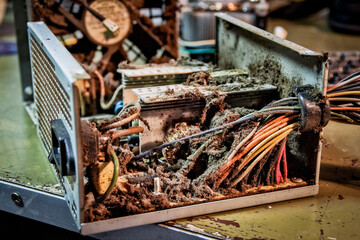 Extremely dirty broken computer power supply with a lot of dirt and dust. Close up, overheating problems, computer repair concept.