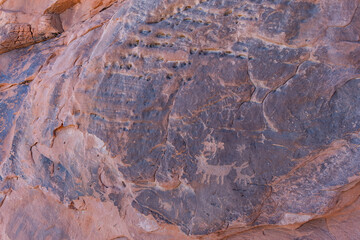 Sunny view of the Atlatl Rock of Valley of Fire State Park