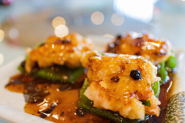 Close up shot of fried Stuffed peppers