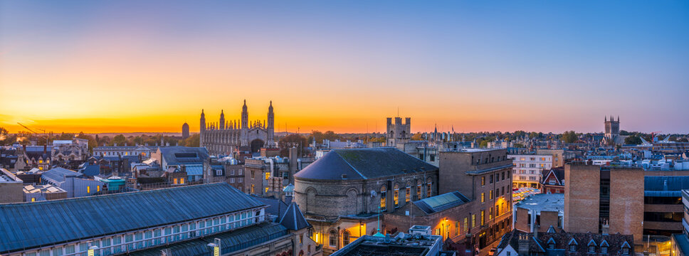 Skyline sunset panorama of Cambridge city in England. United Kingdom 