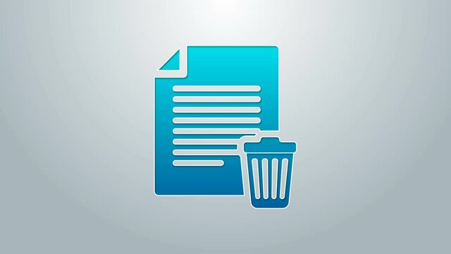 Blue line Delete file document icon isolated on grey background. Paper sheet with recycle bin sign. Rejected document icon. Cross on paper. 4K Video motion graphic animation
