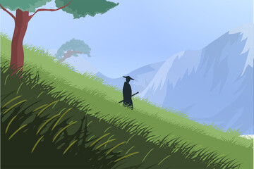 The samurai is coming down the hill. Beautiful landscape of hill, mountains, and trees. Warrior walking on the field. The way of the warrior, the silhouette of the ninja with katana. Vecrtor eps. © Hunman