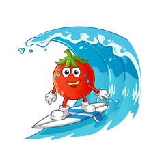 tomato surfing on the wave character. cartoon mascot vector