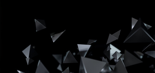 Abstractblack background with 3D particles. Flying polygonal spheres and objects in dark space, futuristic design.