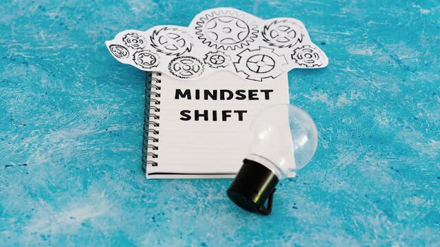 law of attraction, notepad with New Mindset New Results text with light bulb and gearwheel mechanism