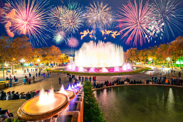 Beautiful fireworks under Magic Fountain light show in Barcelona, Spain