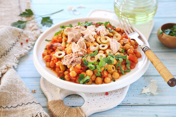 Spanish cuisine. Tuna and fried chickpeas with tomatoes and olives