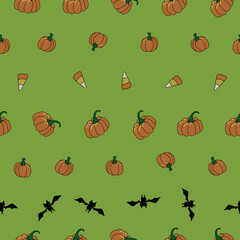 halloween icons pumpkins candy corn and bats in rows on bright green background seamless vector repeat surface pattern design