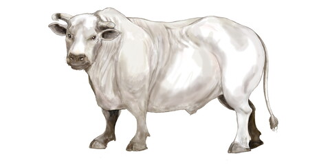 干支の第二支丑年のために描いたイラスト。頑丈な体躯のオス牛を描いた。ペンタブレットを使用したイラスト。主に新年用の年賀のための添付画像としての利用を意図している。
