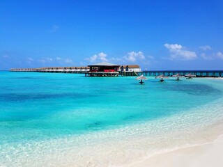 Beautiful luxury resort on the clear blue water of Maldives