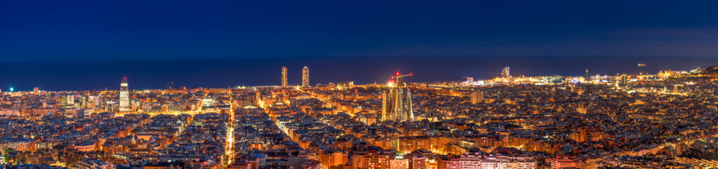 Panorama of Barcelona city centre at dusk. Spain