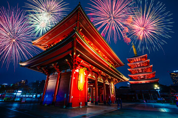 Sensoji-ji in Tokyo with fireworks display, Temple in Asakusa, Japan