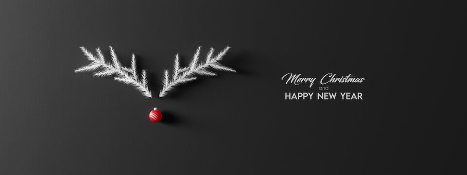 Reindeer Made With Fir Branches And Red Christmas Ball Decoration On Black Background. Winter Holidays Greeting Card Concept 3d render 3d illustration