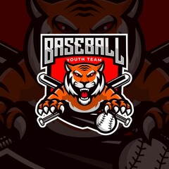 Tiger mascot baseball logo design vector with modern illustration concept style for badge, emblem and t shirt printing. Angry tiger illustration for sport and e-sport team