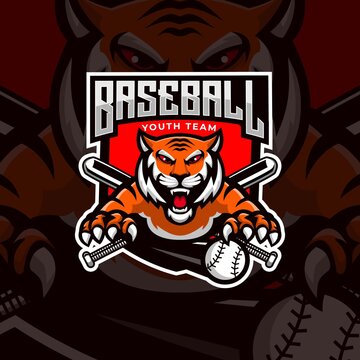 Tiger mascot baseball logo design vector with modern illustration concept style for badge, emblem and t shirt printing. Angry tiger illustration for sport and e-sport team