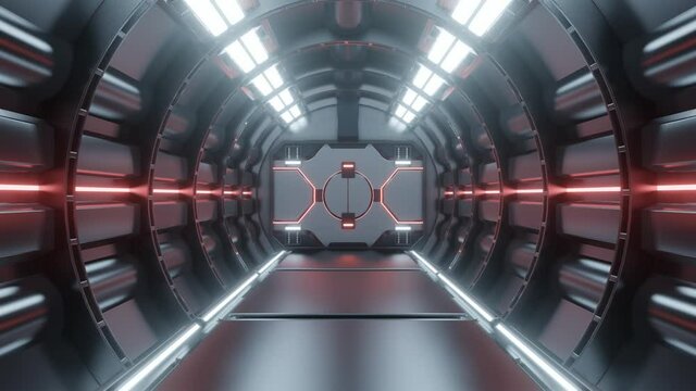 Science background fiction interior rendering sci-fi spaceship corridors red light.
