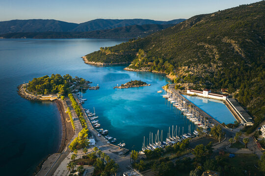Methana coastline and marina in Aegean sea, Greece.