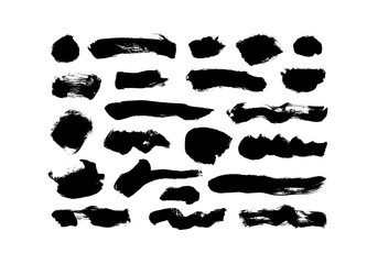 Vector black paint, ink brush strokes and lines. Dirty grunge design element, box or background for text. Grungy black smears and rough stains, lines. Hand drawn ink illustration isolated on white