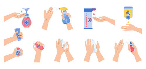 Coronavirus infographic, hands use spray sanitizer, wash soap, against covid virus cartoon set. Coronavirus flat disinfection sanitizer bottles, antiseptic gel collection. Isolated vector illustration