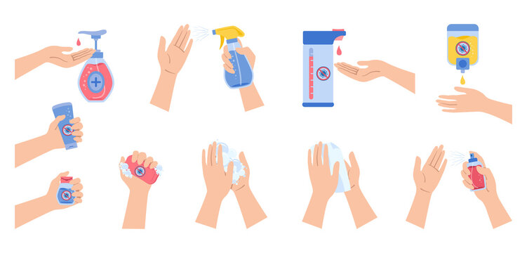 Coronavirus infographic, hands use spray sanitizer, wash soap, against covid virus cartoon set. Coronavirus flat disinfection sanitizer bottles, antiseptic gel collection. Isolated vector illustration
