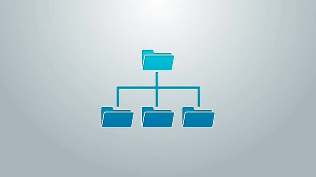 Blue line Folder tree icon isolated on grey background. Computer network file folder organization structure flowchart. 4K Video motion graphic animation