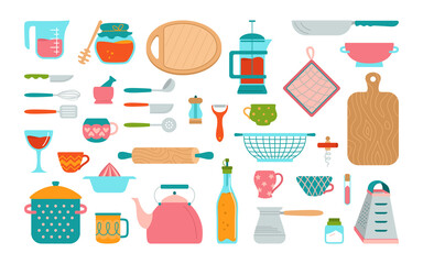 Kitchenware and utensils cartoon set. Modern kitchen tool flat cooking dishes, equipments. Dishes cup, tack teapot grater. Hand drawn utensils collection objects. Food preparation. Vector illustration