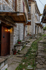 Fototapeta na wymiar The picturesque village of Dilofo during fall season with its architectural traditional old stone buildings located on Tymfi mount, Zagori, Epirus, Greece, Europe 