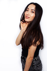 young pretty asian woman posing cheerful emotional isolated on white background, lifestyle people concept