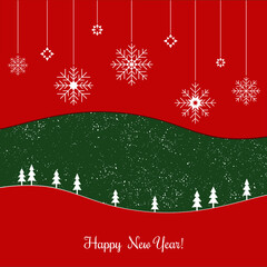 Happy new year digital card vector, classic red and green christmas colors with christmas trees, snowfall and snowflakes