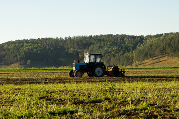 Agricultural tractor for harvesting on a sunny day, agriculture. Plant a harvest
